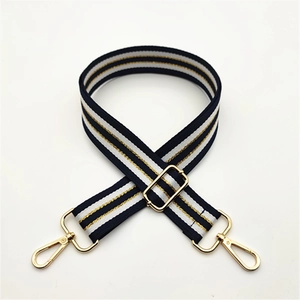 Adjustable striped navy and gold canvas shoulder strap with swivel metal lobster clasps
