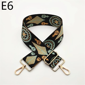 Detail of bohemian jacquard wide shoulder strap with ethnic patterns and gold hardware