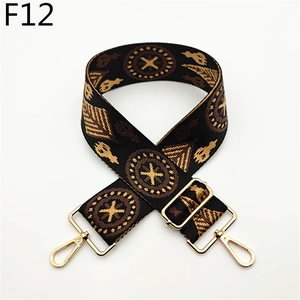 Close-up of geometric pattern jacquard strap with gold metal hooks and buckle
