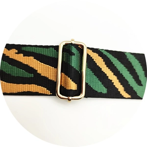 Detail of green and black striped canvas strap with golden metal rectangular buckle