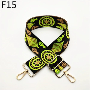 Detail view of ethnic geometric pattern guitar style woven bag strap with gold metal hooks