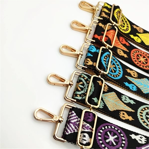 Close-up of colorful ethnic geometric pattern replacement shoulder straps with gold hooks