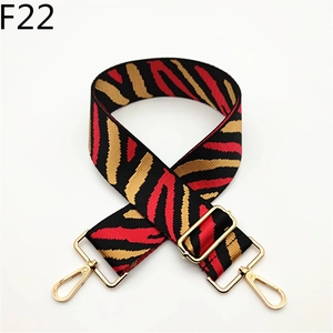 Detail of adjustable tiger stripe patterned canvas bag strap with gold metal swivel clasps