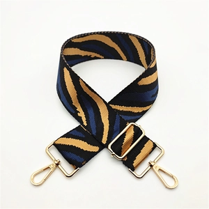 Adjustable striped canvas shoulder strap for handbags with golden metal lobster clasps