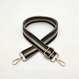 Close-up of color-block striped bag strap with premium gold metal lobster clasps