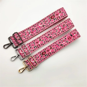 Floral wide replacement shoulder strap for handbags with pink embroidery and metal hooks