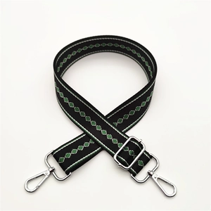Adjustable black shoulder strap with green geometric embroidery and silver metal hooks