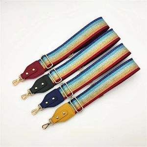 Adjustable wide PU leather bag straps with rainbow weave and golden metal buckles