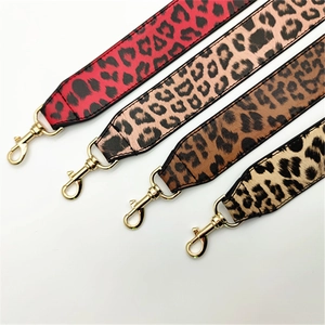 Detailed view of leopard print PU straps in four colors with gold lobster clasps