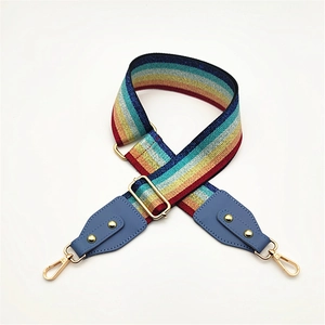 Close-up of rainbow striped bag strap with metallic luster and gold hardware