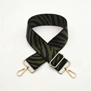 Macro detail of zebra pattern thickened adjustable shoulder strap with gold metal hooks