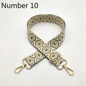 Detail view of woven shoulder strap with green and white diamond geometric patterns