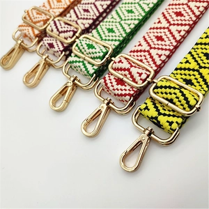 Detail of woven geometric shoulder straps with gold metal clasps in vibrant colors
