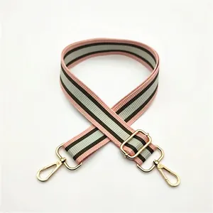 Close-up of adjustable striped nylon strap with gold metal rotating clasps in style No. 5