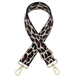 Close-up of 3.8cm wide leopard print woven shoulder strap with gold metal lobster clasps