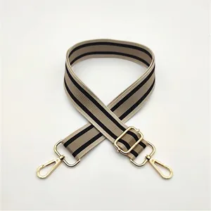 Adjustable khaki canvas shoulder strap with black stripes and gold swivel lobster clasps