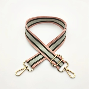 Adjustable striped fabric bag strap with gold metal lobster clasps for handbags