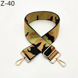 Close-up of camouflage pattern strap with gold metallic threads and shiny lobster clasps