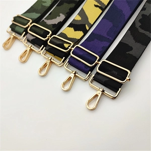 Detailed view of adjustable camo nylon bag straps with high-quality gold metal buckles