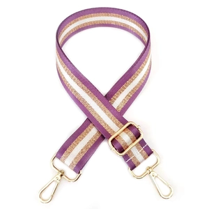 Detail of adjustable purple and champagne gold striped nylon strap with metal buckles