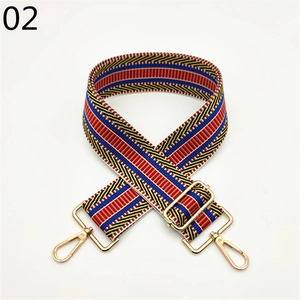 Detailed view of woven replacement bag strap with striped pattern and gold metal hardware