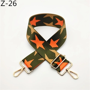 Detail view of army green wide nylon strap with orange stars and gold metal swivel hooks