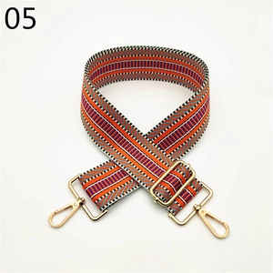 Detail of colorful geometric woven bag strap with golden metal swivel hooks and buckles