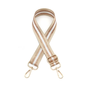 Detail of adjustable beige woven strap with metallic rose gold threads and gold metal buckle