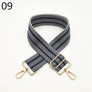 Macro detail of adjustable wide woven shoulder strap in blue and white stripes