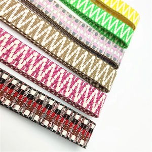 Detailed close-up of woven bag straps featuring colorful geometric jacquard patterns