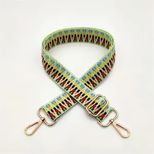 Detail of colorful geometric woven replacement strap with polished gold metal hooks