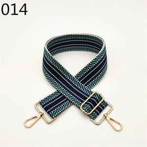 Detail view of blue and green striped crossbody bag strap with gold metal hooks