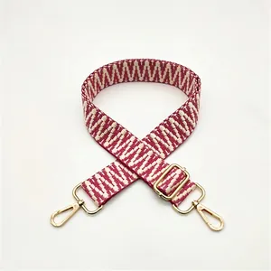 Adjustable burgundy and white geometric woven replacement shoulder strap with gold hooks