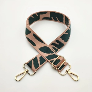 Bandoulière tissée réglable rose avec motif tigre vert et mousquetons dorés en métal