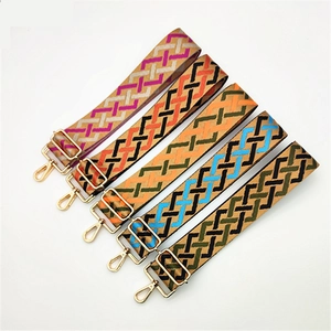 Adjustable woven crossbody bag straps in five colorful geometric patterns with gold hooks