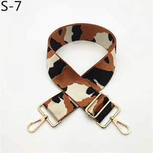 Detail of adjustable camouflage pattern bag strap with premium gold metal spring hooks
