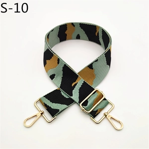 Detail of adjustable wide camouflage strap with polished light gold metal lobster clasps