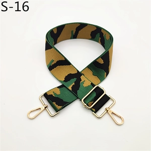 Close-up of adjustable camo nylon bag strap with high-quality gold metal clips