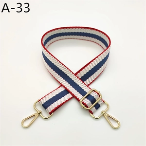 Détail d'une bandoulière tissée à rayures rouges, blanches et bleues avec crochets dorés