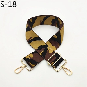 Detail of adjustable camouflage bag strap with light gold metal swivel hooks and buckles