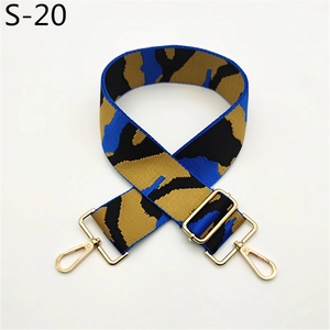 Macro detail of adjustable blue camo nylon strap with golden alloy swivel hooks