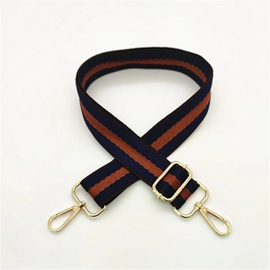 Bandoulière réglable en tissu à rayures bleu marine et marron avec fermoir doré