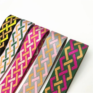 Close-up of adjustable woven purse straps with geometric ethnic patterns and colorful textures