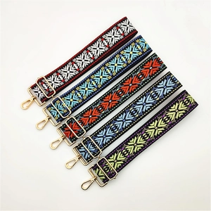Adjustable wide replacement bag strap with ethnic geometric jacquard and gold metal hooks