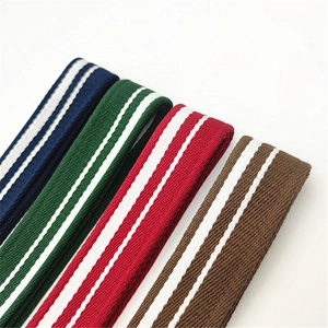Macro detail showing high-density striped woven straps in navy, green, red and coffee colors