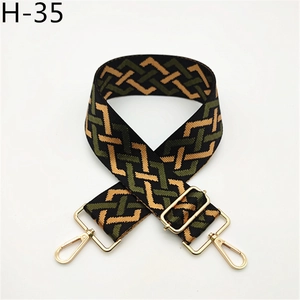 Close-up of wide geometric woven bag strap with green and black patterns and gold buckles