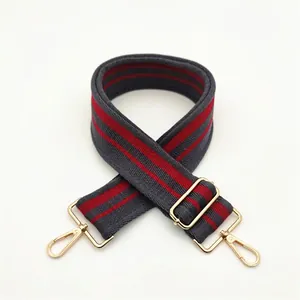 Close-up of gray and red striped canvas replacement strap with gold metal lobster clasps