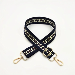Adjustable wide woven replacement shoulder strap with gold chain pattern and swivel hooks