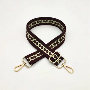 Close-up of adjustable chain pattern bag strap with gold metal lobster clasps