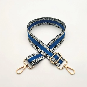 Adjustable leopard print bag strap with navy stripe and gold-tone metal lobster clasps